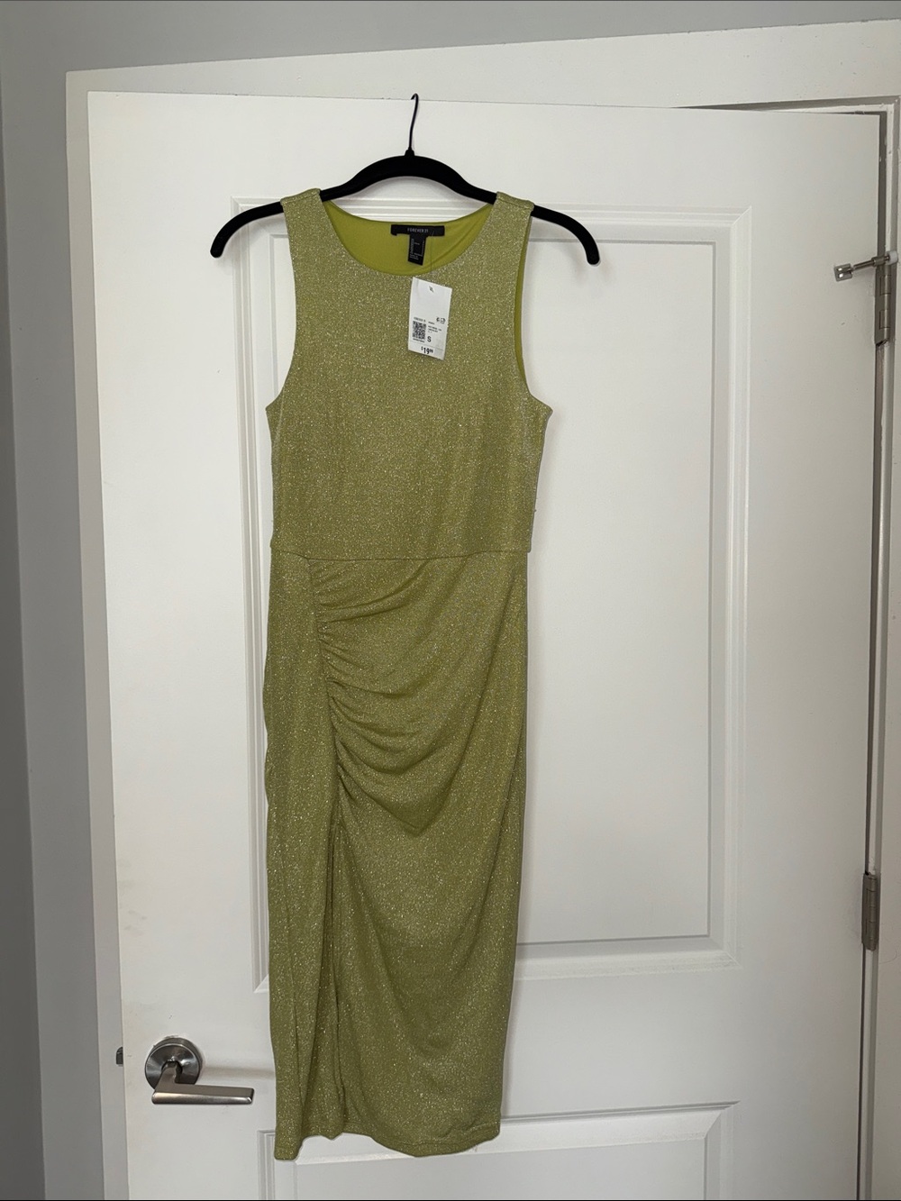 NWT!! Forever 21 Lime/Olive Green Glitter Ruched Midi Dress - Women’s